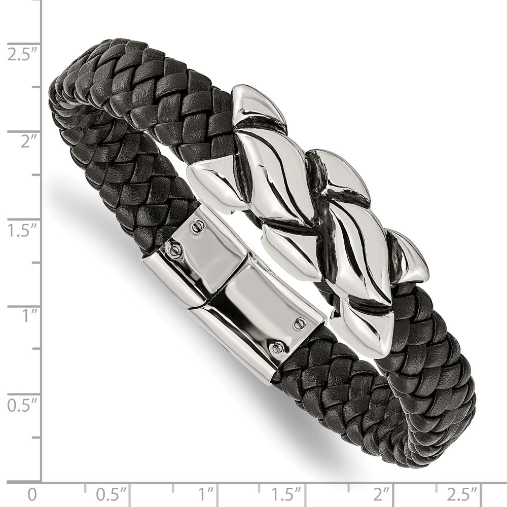 8.25 Inch Stainless Steel Antiqued And Polished Black Leather 8.25In Bracelet