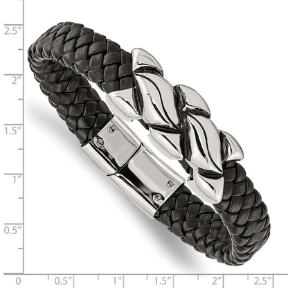8.25 Inch Stainless Steel Antiqued And Polished Black Leather 8.25In Bracelet