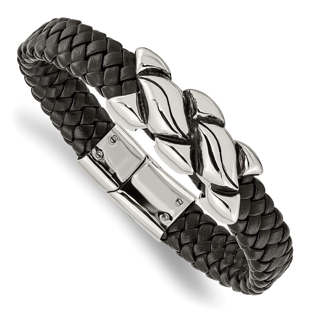 8.25 Inch Stainless Steel Antiqued And Polished Black Leather 8.25In Bracelet