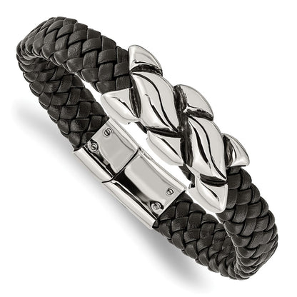 8.25 Inch Stainless Steel Antiqued And Polished Black Leather 8.25In Bracelet