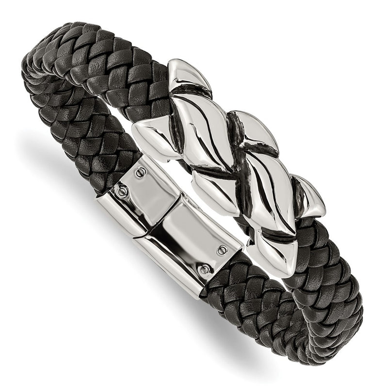 8.25 Inch Stainless Steel Antiqued And Polished Black Leather 8.25In Bracelet