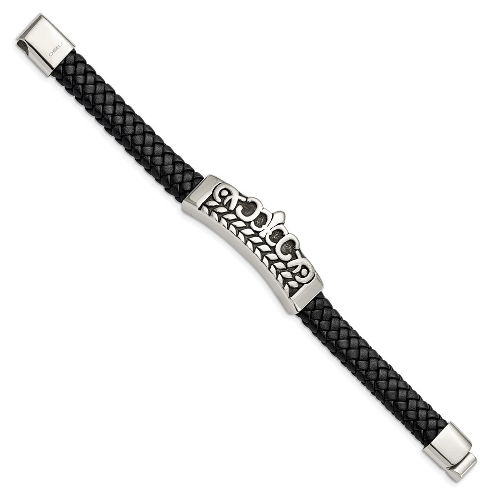 8.25 Inch Stainless Steel Antiqued And Polished Fleur De Lis Black Leather Bracelet