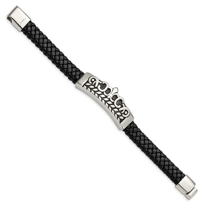 8.25 Inch Stainless Steel Antiqued And Polished Fleur De Lis Black Leather Bracelet