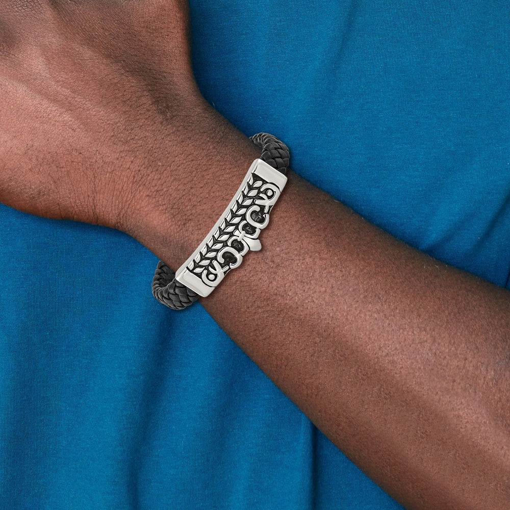 8.25 Inch Stainless Steel Antiqued And Polished Fleur De Lis Black Leather Bracelet