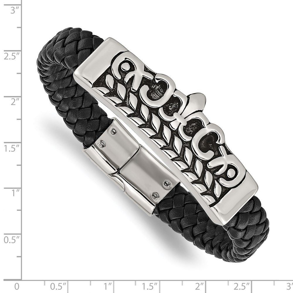8.25 Inch Stainless Steel Antiqued And Polished Fleur De Lis Black Leather Bracelet