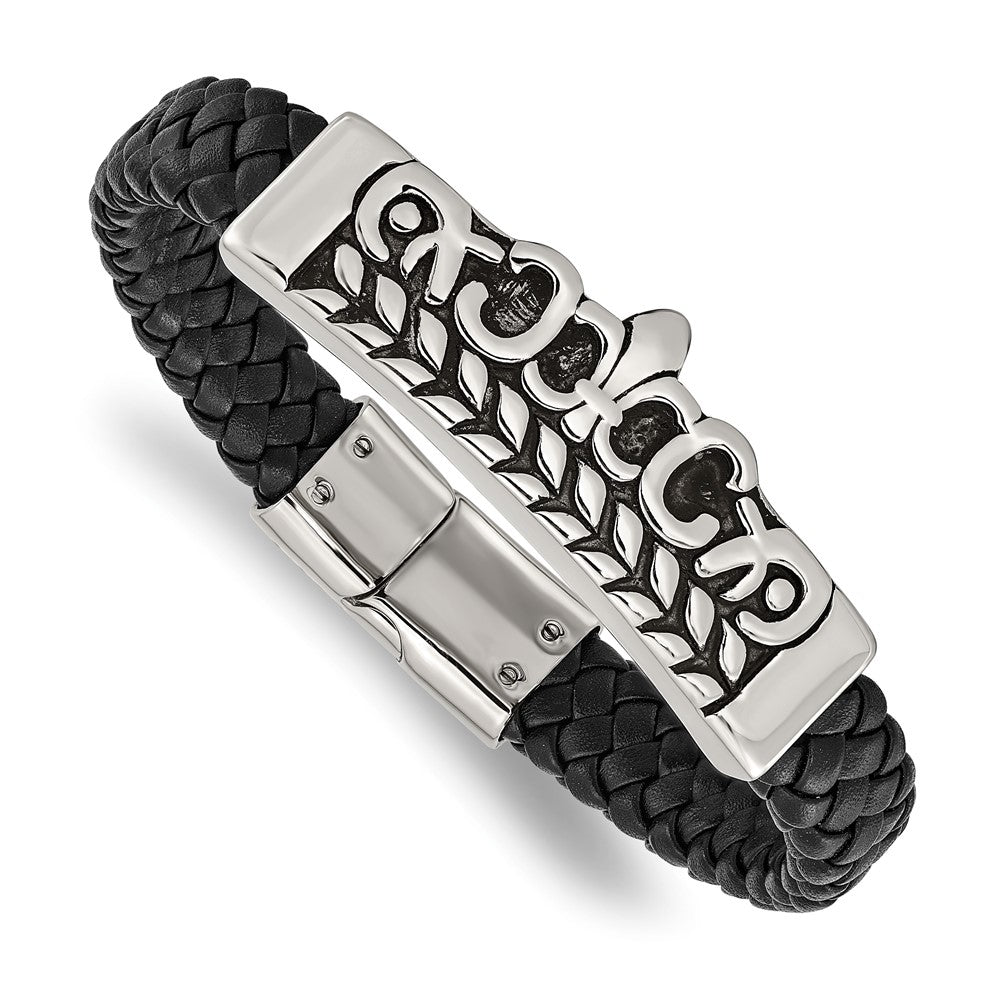 8.25 Inch Stainless Steel Antiqued And Polished Fleur De Lis Black Leather Bracelet