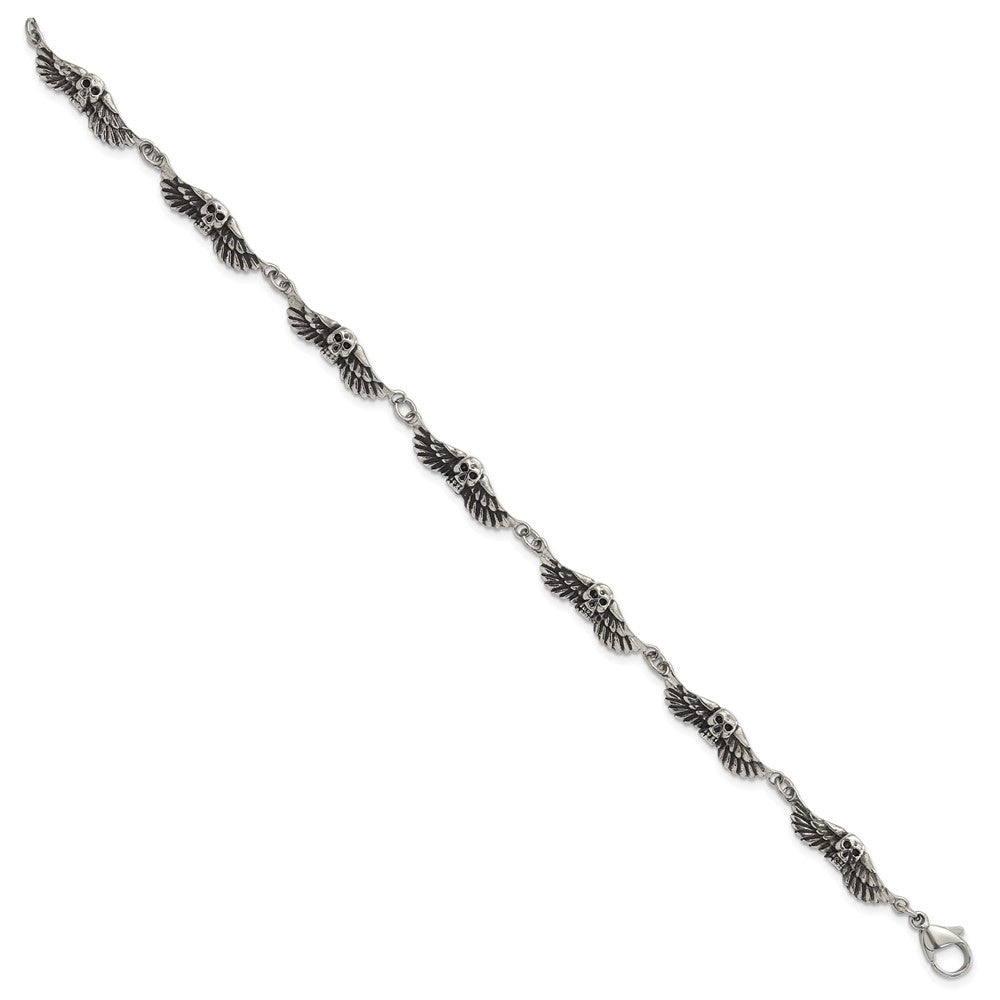 7.75 Inch Stainless Steel Antiqued Skulls With Wings Bracelet