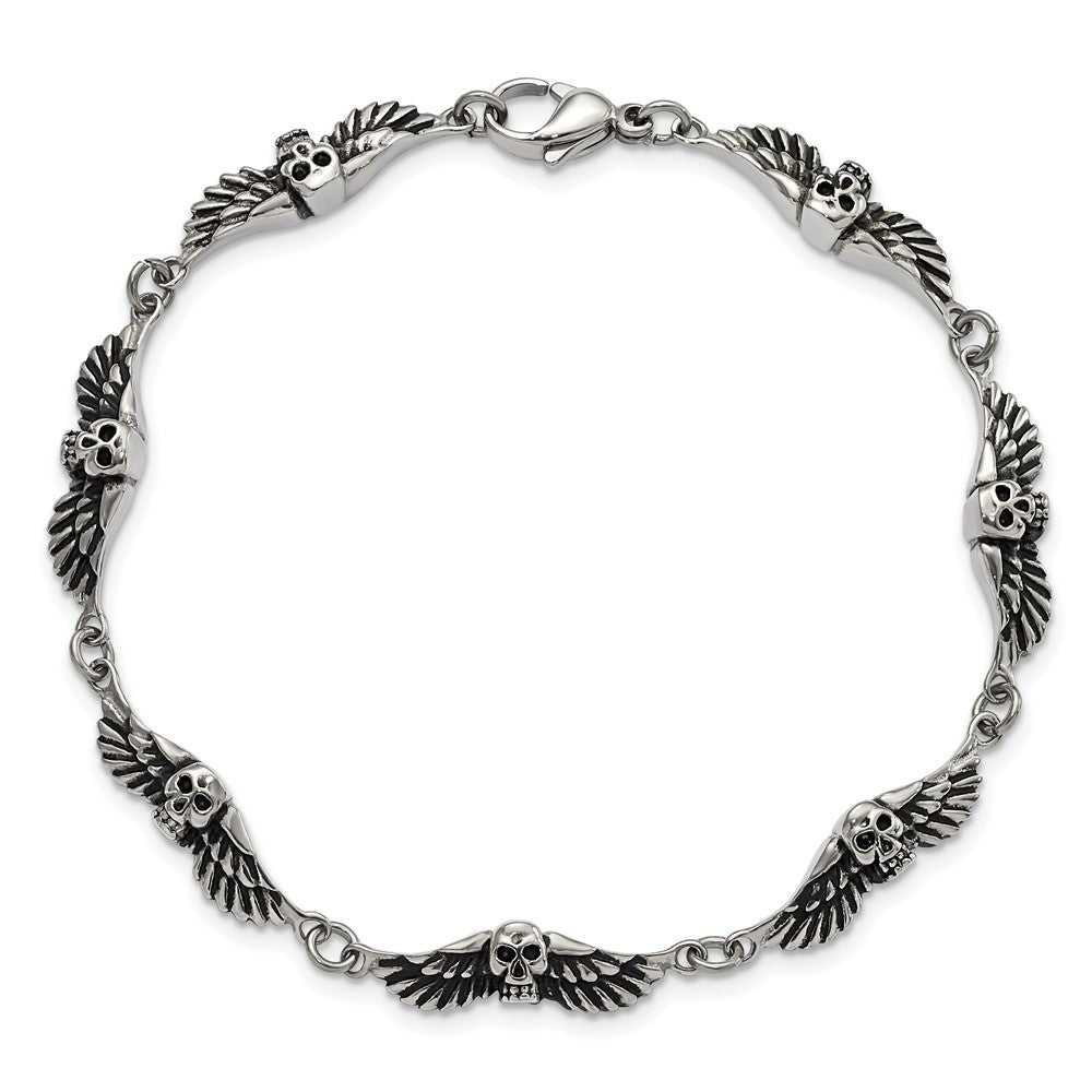 7.75 Inch Stainless Steel Antiqued Skulls With Wings Bracelet