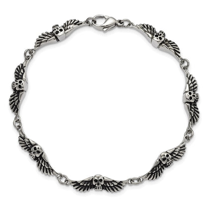 7.75 Inch Stainless Steel Antiqued Skulls With Wings Bracelet