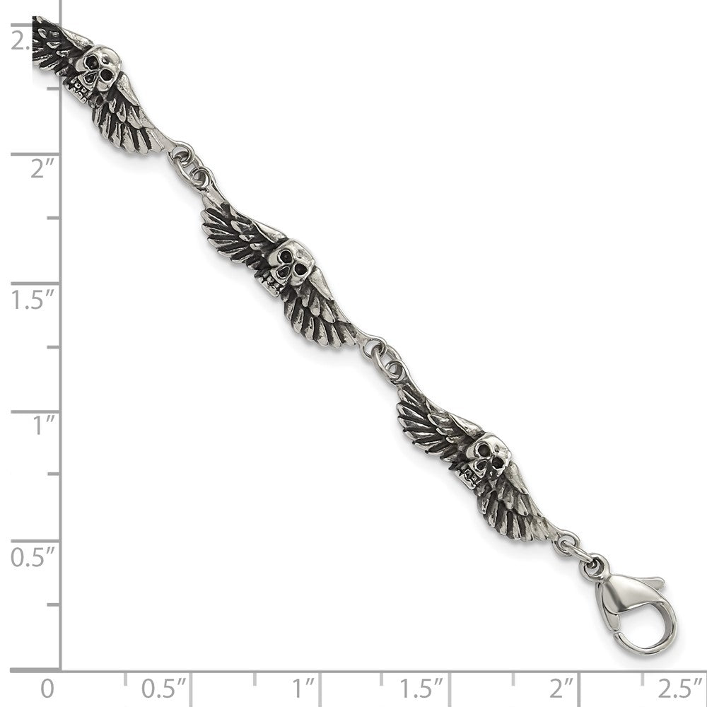 7.75 Inch Stainless Steel Antiqued Skulls With Wings Bracelet