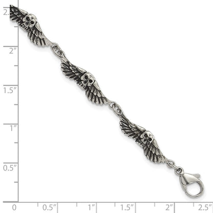 7.75 Inch Stainless Steel Antiqued Skulls With Wings Bracelet