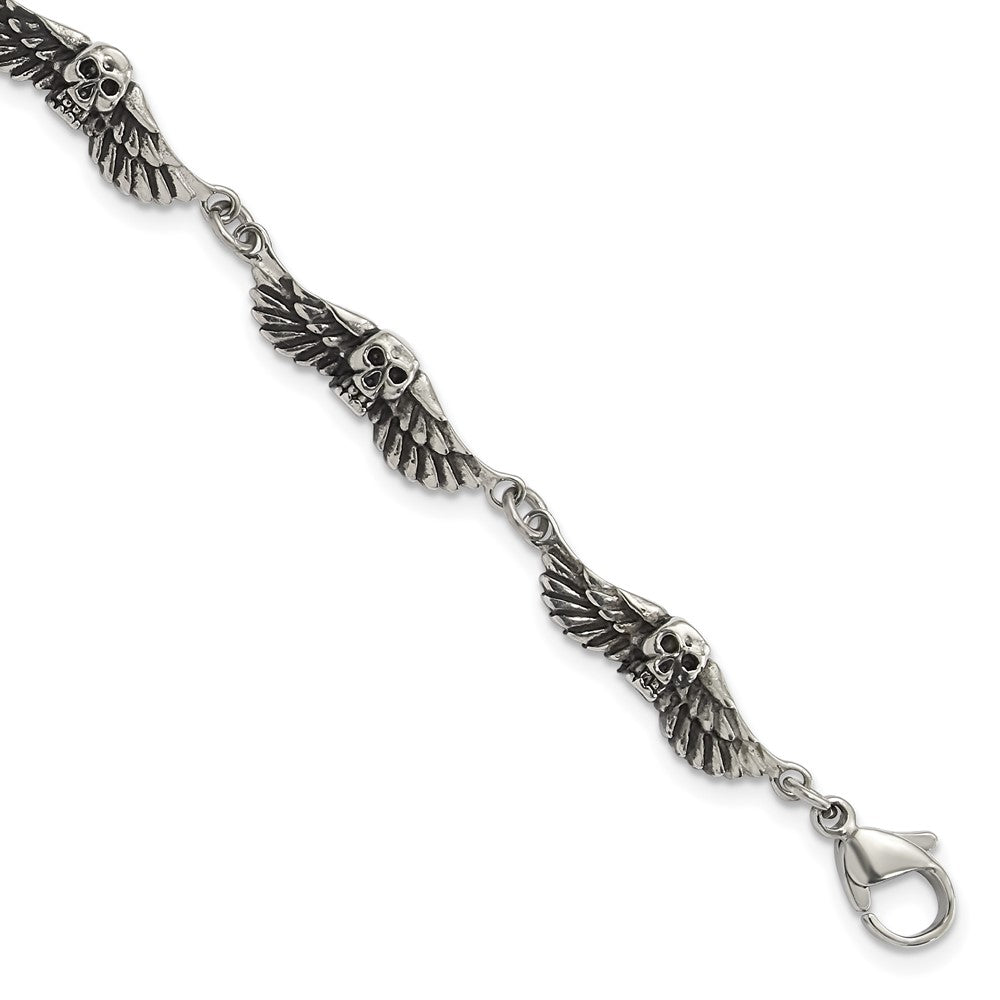 7.75 Inch Stainless Steel Antiqued Skulls With Wings Bracelet