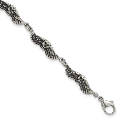 7.75 Inch Stainless Steel Antiqued Skulls With Wings Bracelet