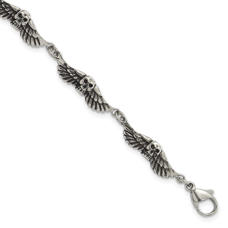 7.75 Inch Stainless Steel Antiqued Skulls With Wings Bracelet
