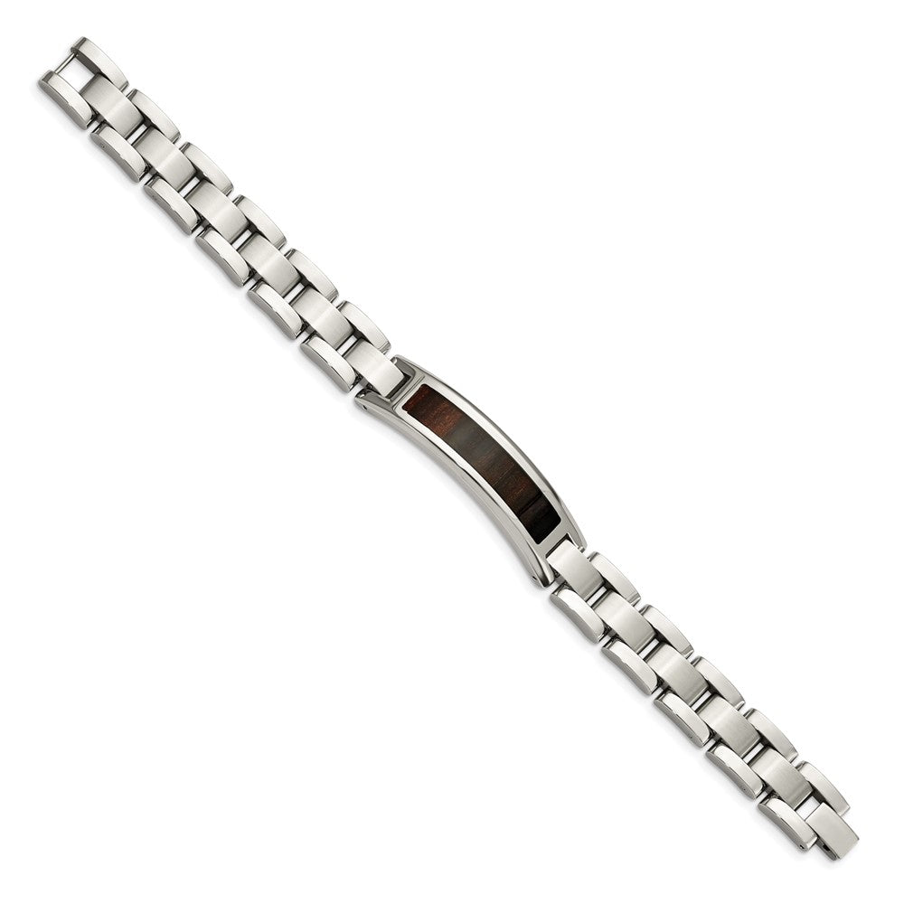 Stainless Steel Chisel Polished Enameled Black Koa Wood 8.5 Inch Link Id Bracelet