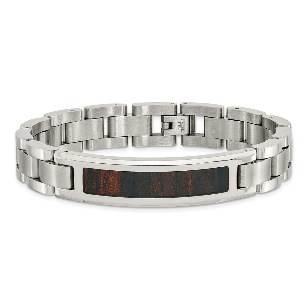 Stainless Steel Chisel Polished Enameled Black Koa Wood 8.5 Inch Link Id Bracelet