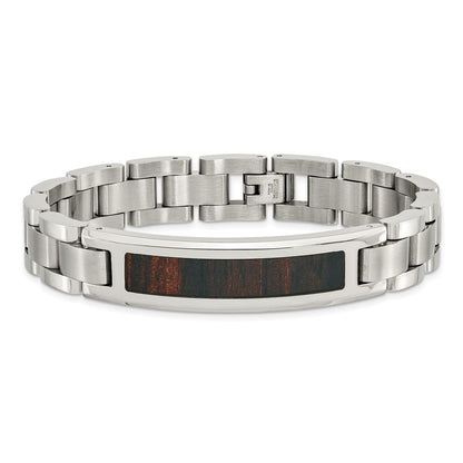 Stainless Steel Chisel Polished Enameled Black Koa Wood 8.5 Inch Link Id Bracelet