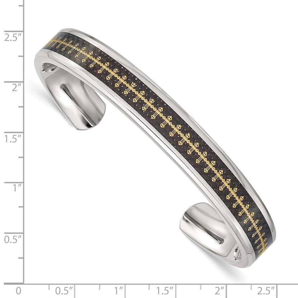 Stainless Steel Polished Yellow Ip W/Carbon Fiber Inlay Cross Bangle