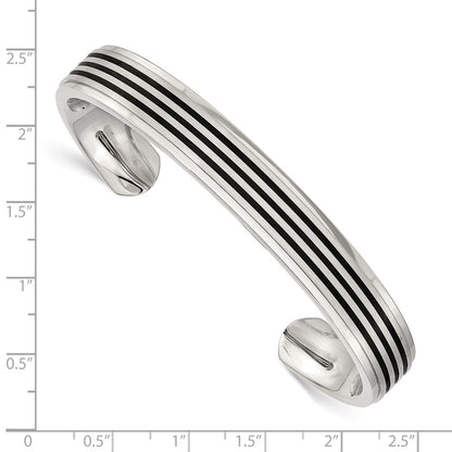Stainless Steel Chisel Brushed And Polished Black Rubber Inlay Cuff Bangle