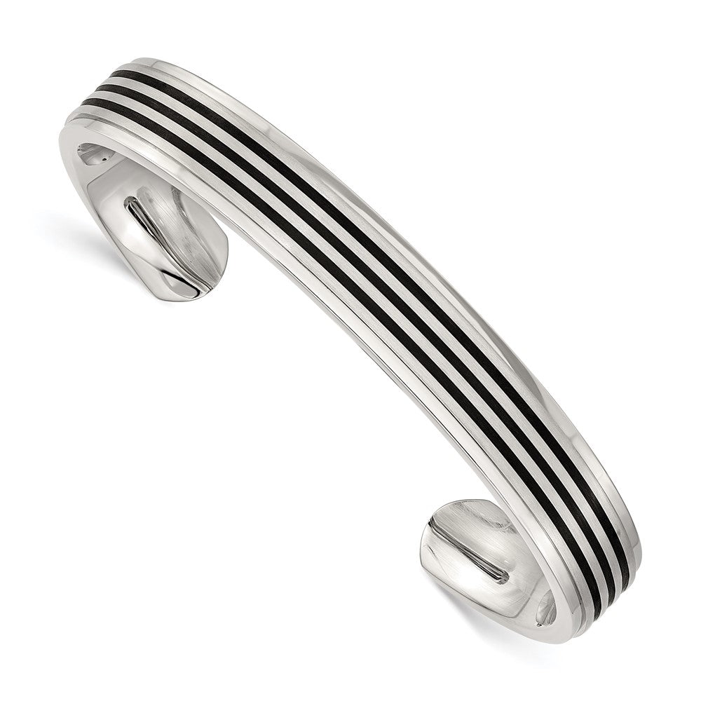 Stainless Steel Chisel Brushed And Polished Black Rubber Inlay Cuff Bangle