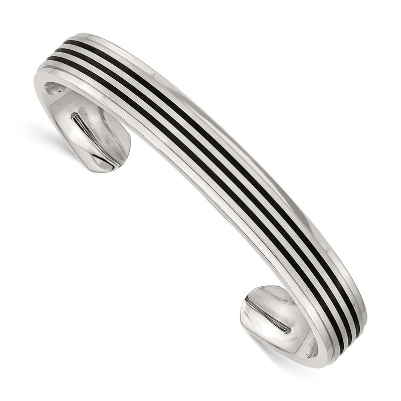 Stainless Steel Chisel Brushed And Polished Black Rubber Inlay Cuff Bangle