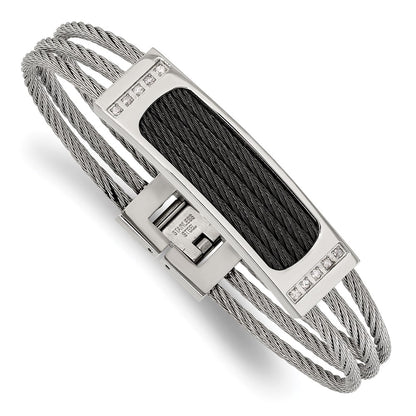 Stainless Steel Chisel Polished Black Ip-Plated With .15 Carat Diamond 7.75 Inch Bracelet