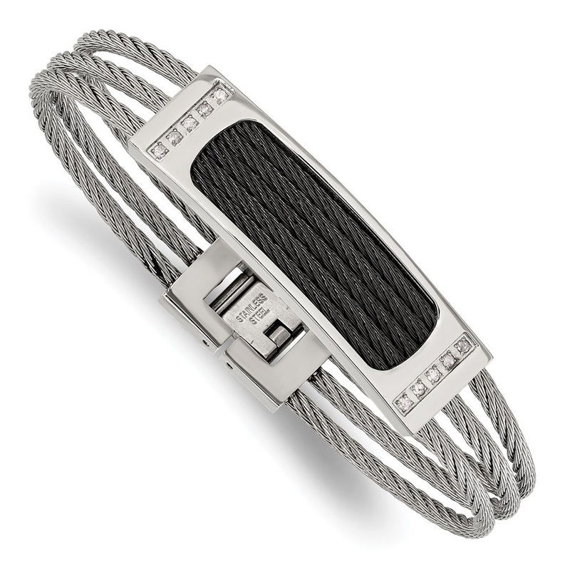 Stainless Steel Chisel Polished Black Ip-Plated With .15 Carat Diamond 7.75 Inch Bracelet