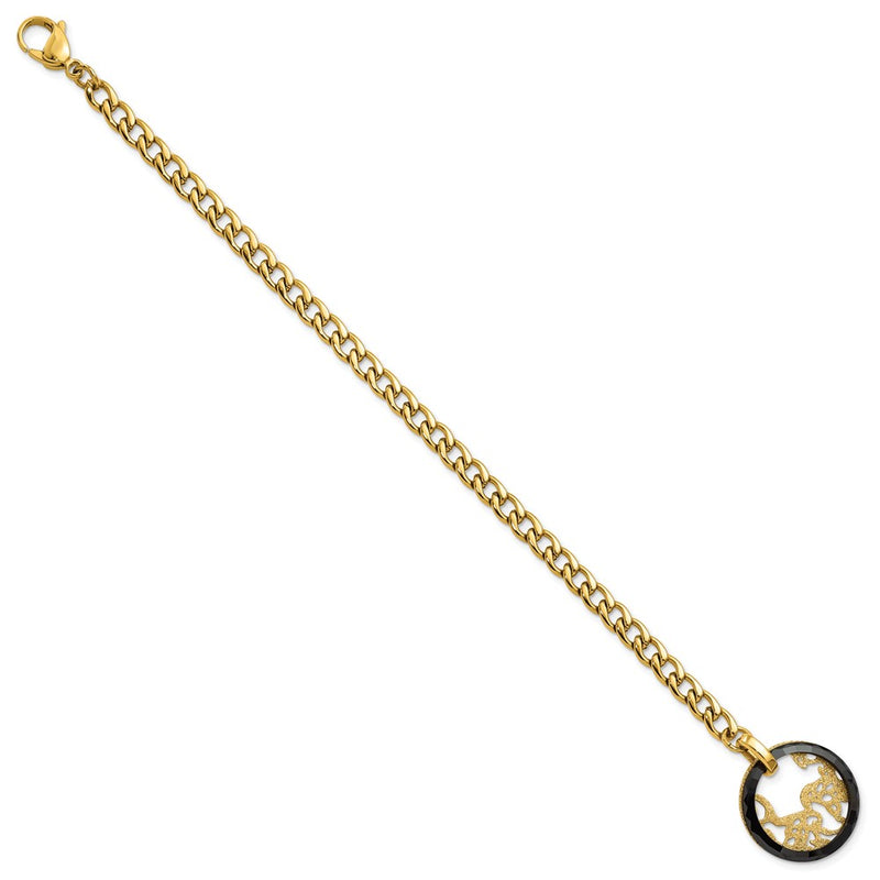 7.25 Inch Stainless Steel Yellow Ip-Plated Black Ceramic Polished & Lasercut Circle Bracelet