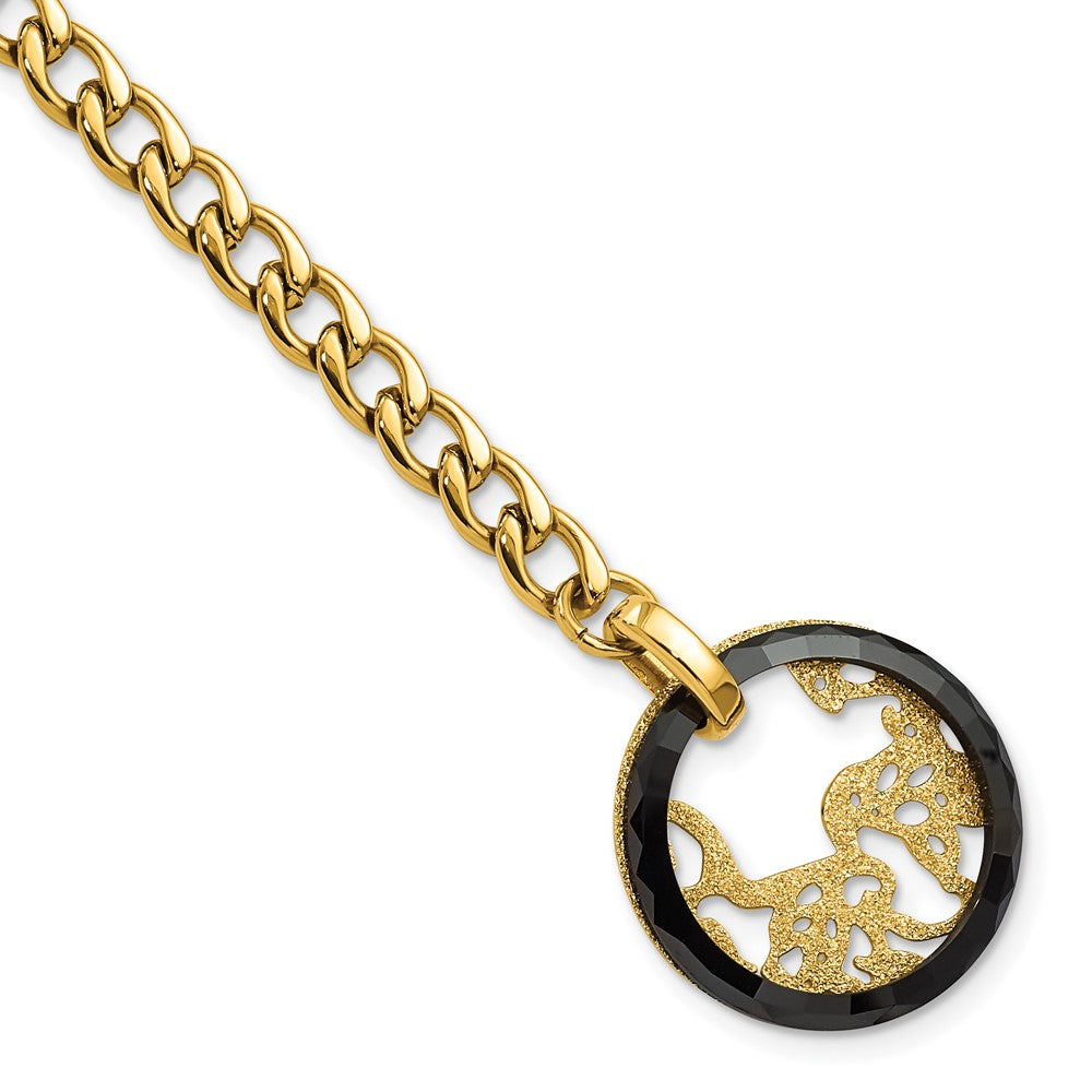 7.25 Inch Stainless Steel Yellow Ip-Plated Black Ceramic Polished & Lasercut Circle Bracelet