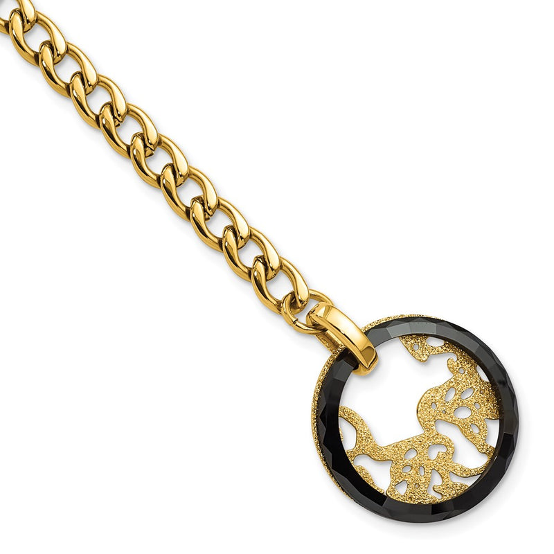 7.25 Inch Stainless Steel Yellow Ip-Plated Black Ceramic Polished & Lasercut Circle Bracelet