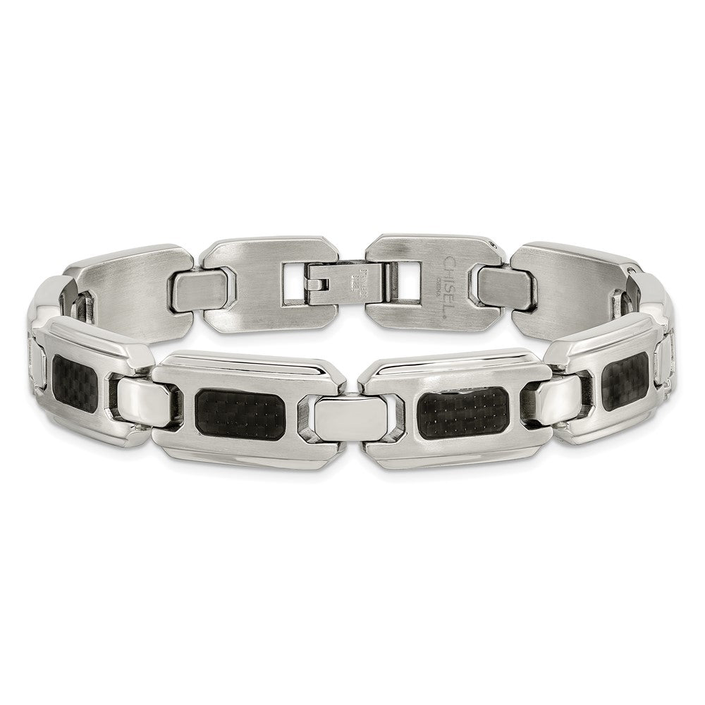 Stainless Steel Chisel Brushed And Polished With Black Carbon Fiber Inlay 9 Inch Link Bracelet