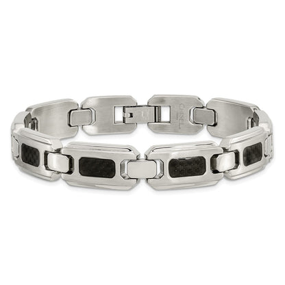 Stainless Steel Chisel Brushed And Polished With Black Carbon Fiber Inlay 9 Inch Link Bracelet