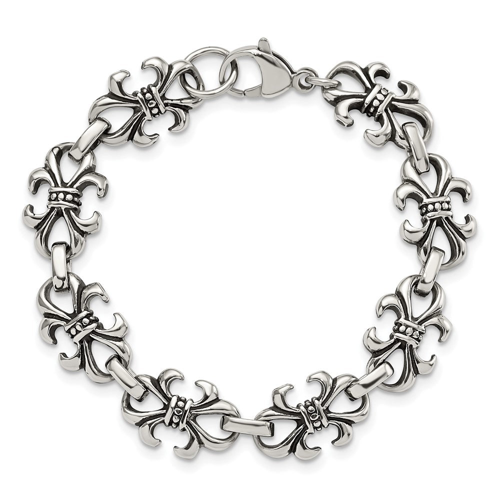 8.25 Inch Stainless Steel Antiqued And Polished Fleur De Lis 8.25In Bracelet
