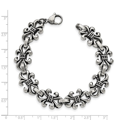 8.25 Inch Stainless Steel Antiqued And Polished Fleur De Lis 8.25In Bracelet