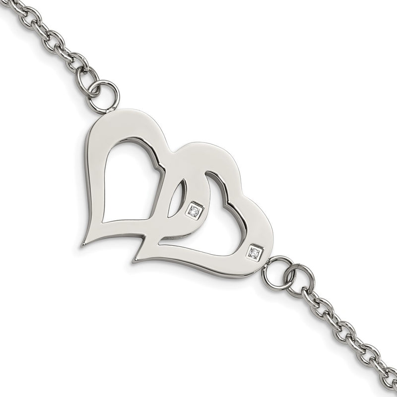 7.75 Inch Stainless Steel Polished W/Cz Hearts 6.5In W/1.25In Ext. Bracelet