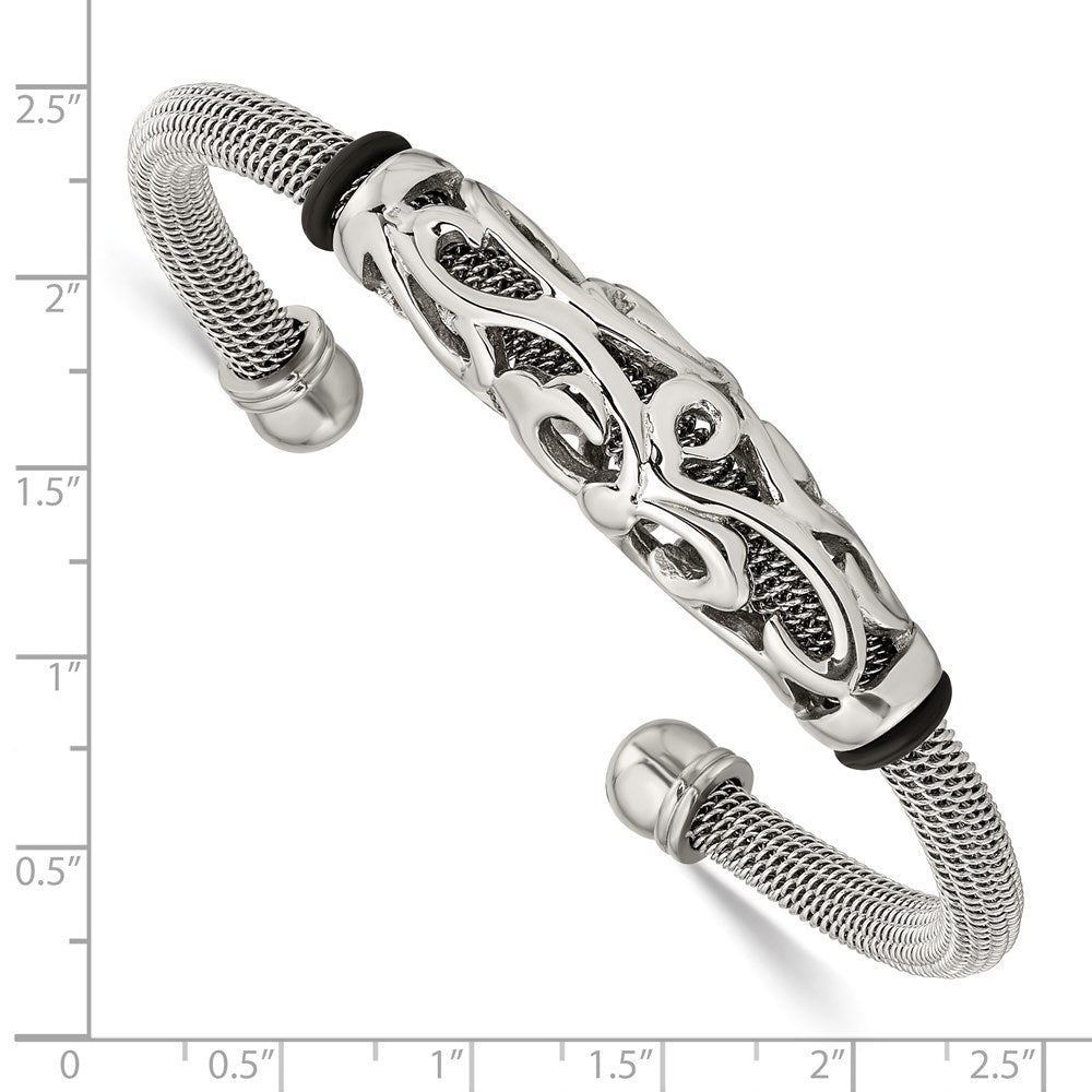 Stainless Steel Polished Mesh W/Black Rubber Bangle