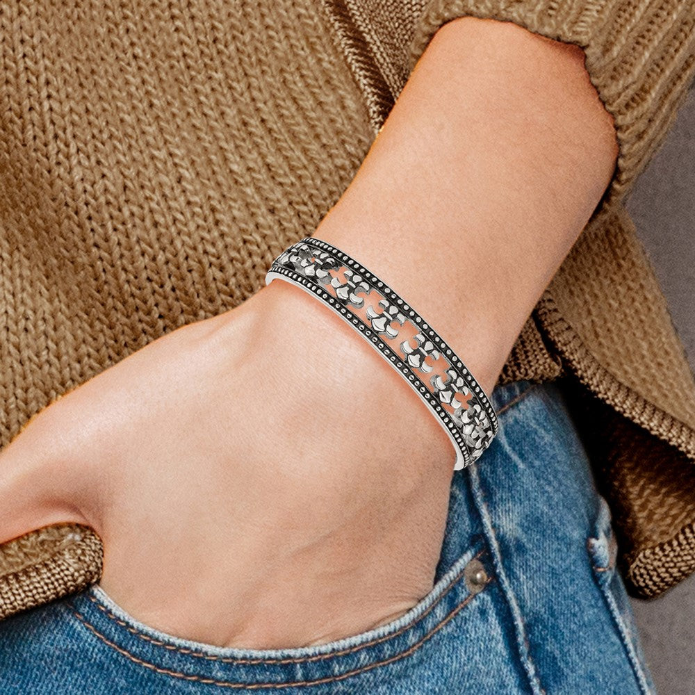 Stainless Steel Antiqued And Polished Fleur De Lis Bangle