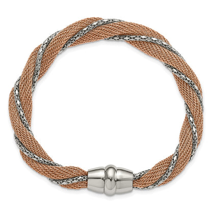 7.5 Inch Stainless Steel & Rose Ip-Plated Polished Twisted Mesh Chain Bracelet