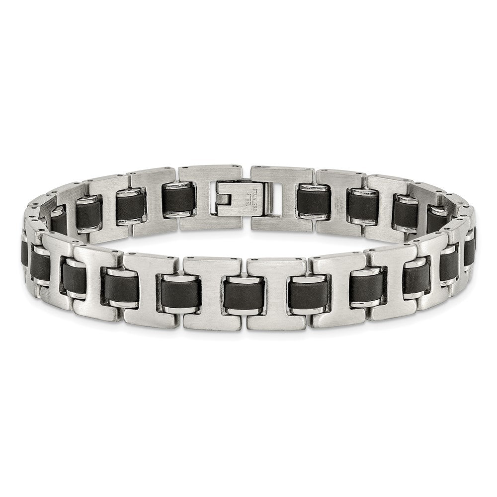 Stainless Steel Chisel Brushed With Black Rubber 8.5 Inch Bracelet