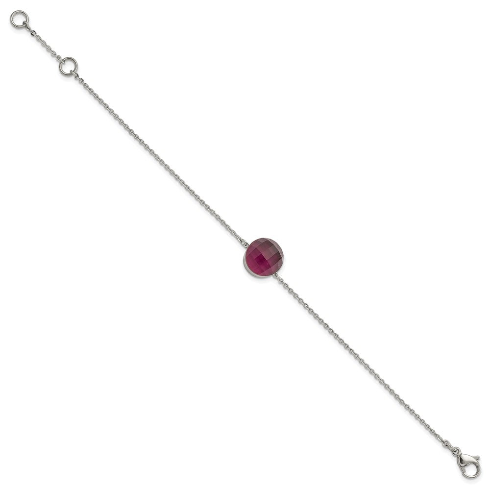 8 Inch Stainless Steel Polished Maroon Glass W/1In Ext Bracelet