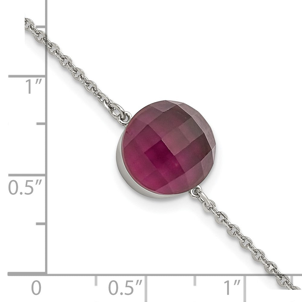 8 Inch Stainless Steel Polished Maroon Glass W/1In Ext Bracelet
