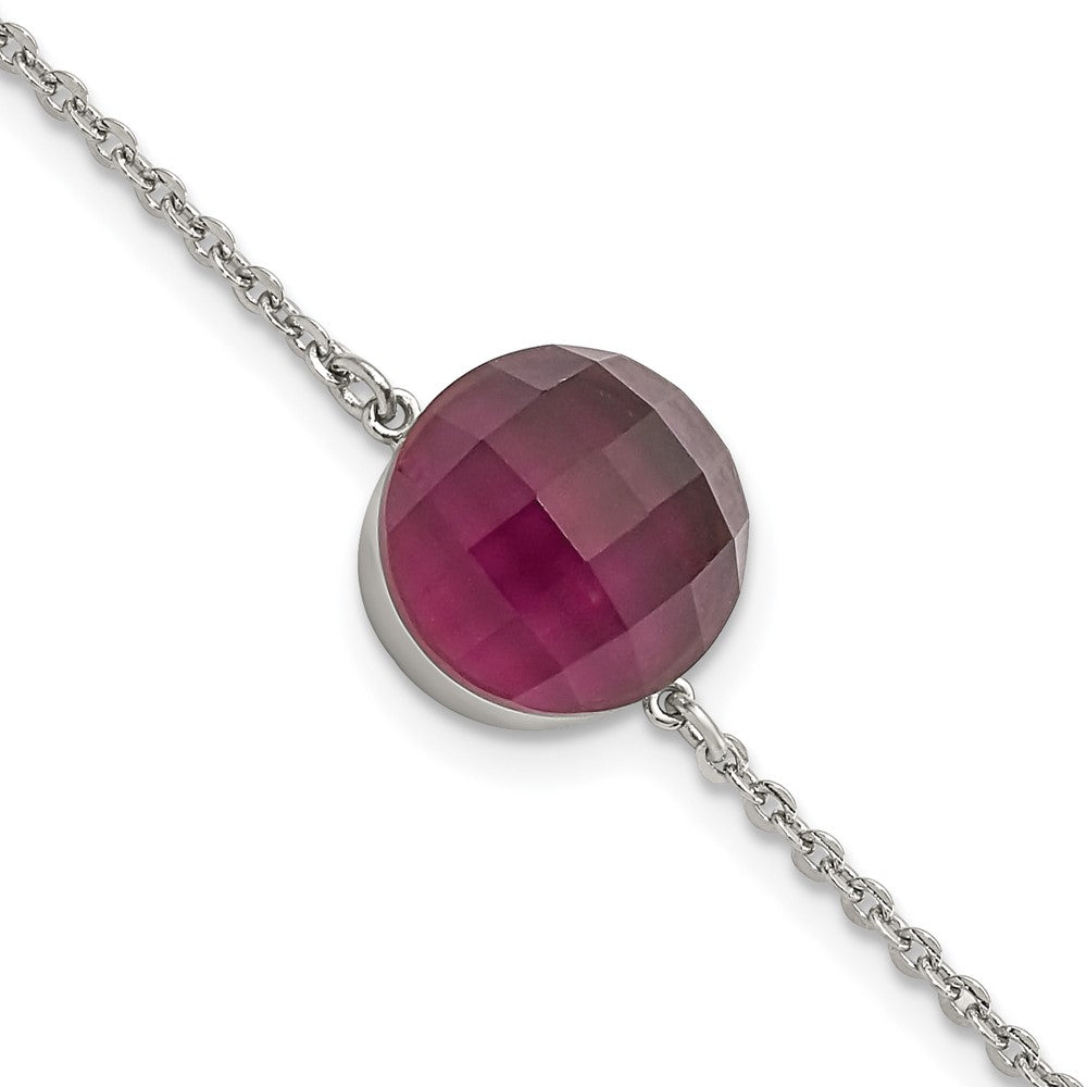 8 Inch Stainless Steel Polished Maroon Glass W/1In Ext Bracelet