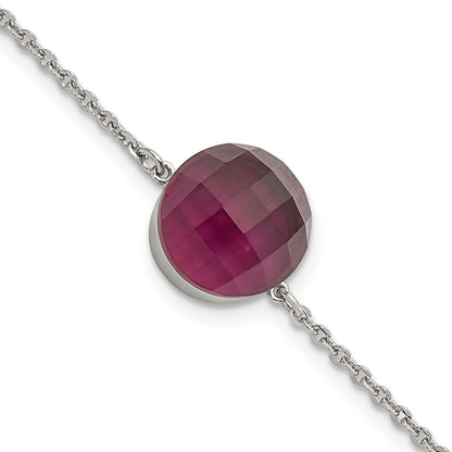 8 Inch Stainless Steel Polished Maroon Glass W/1In Ext Bracelet