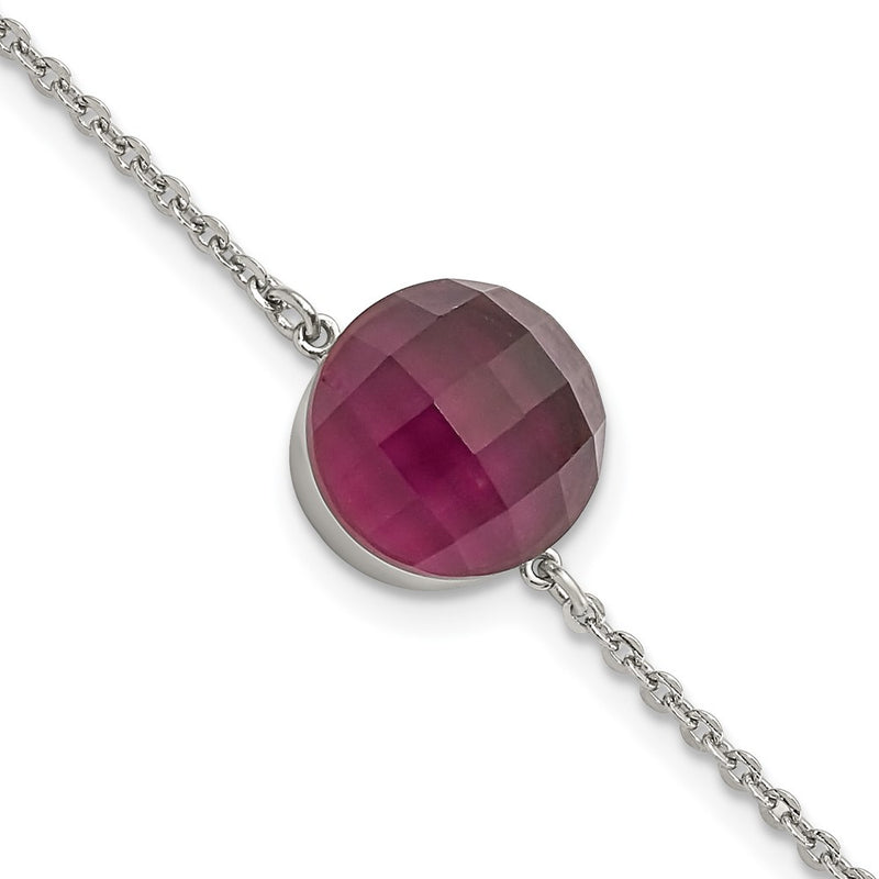 8 Inch Stainless Steel Polished Maroon Glass W/1In Ext Bracelet