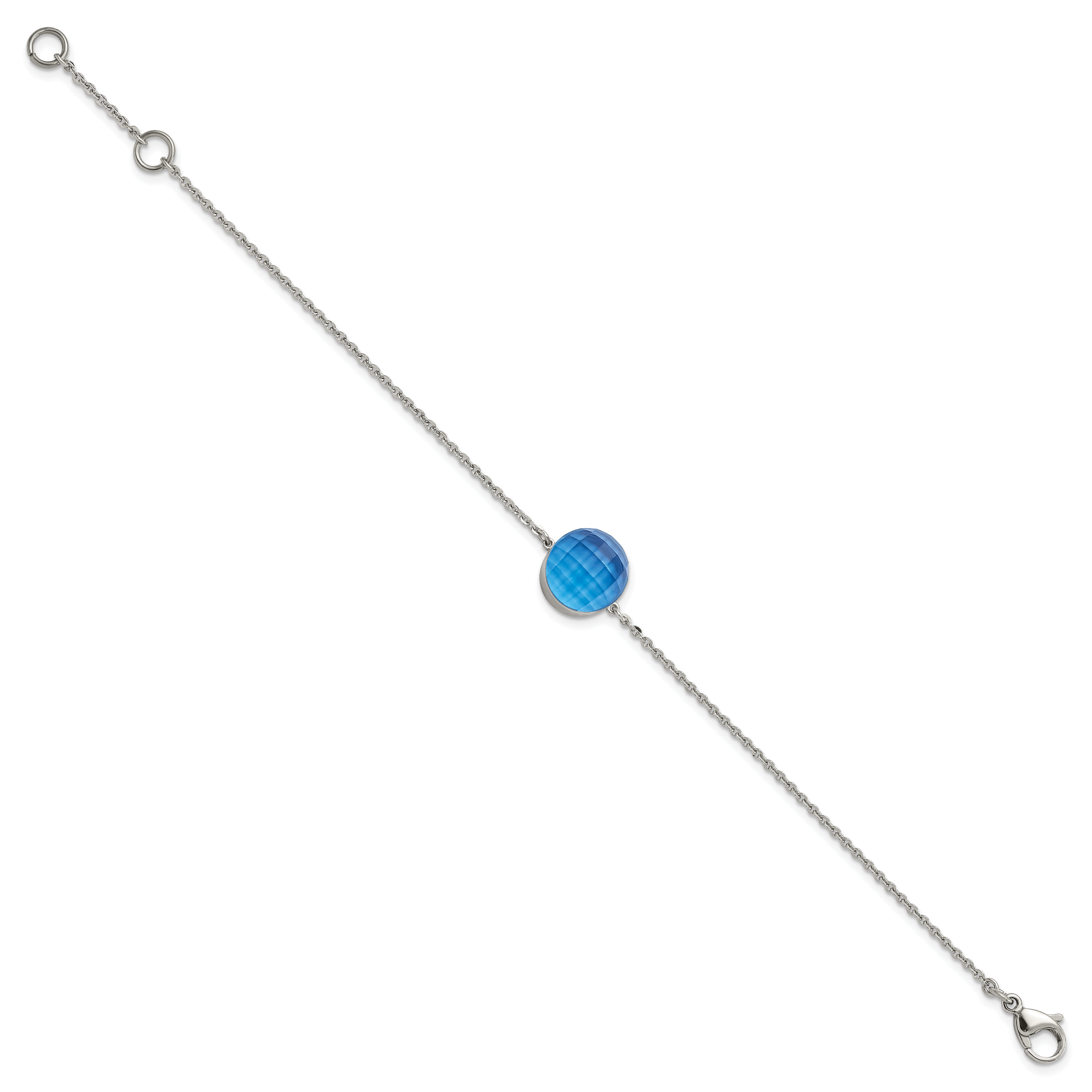 8 Inch Stainless Steel Polished Blue Glass W/1In Ext Bracelet
