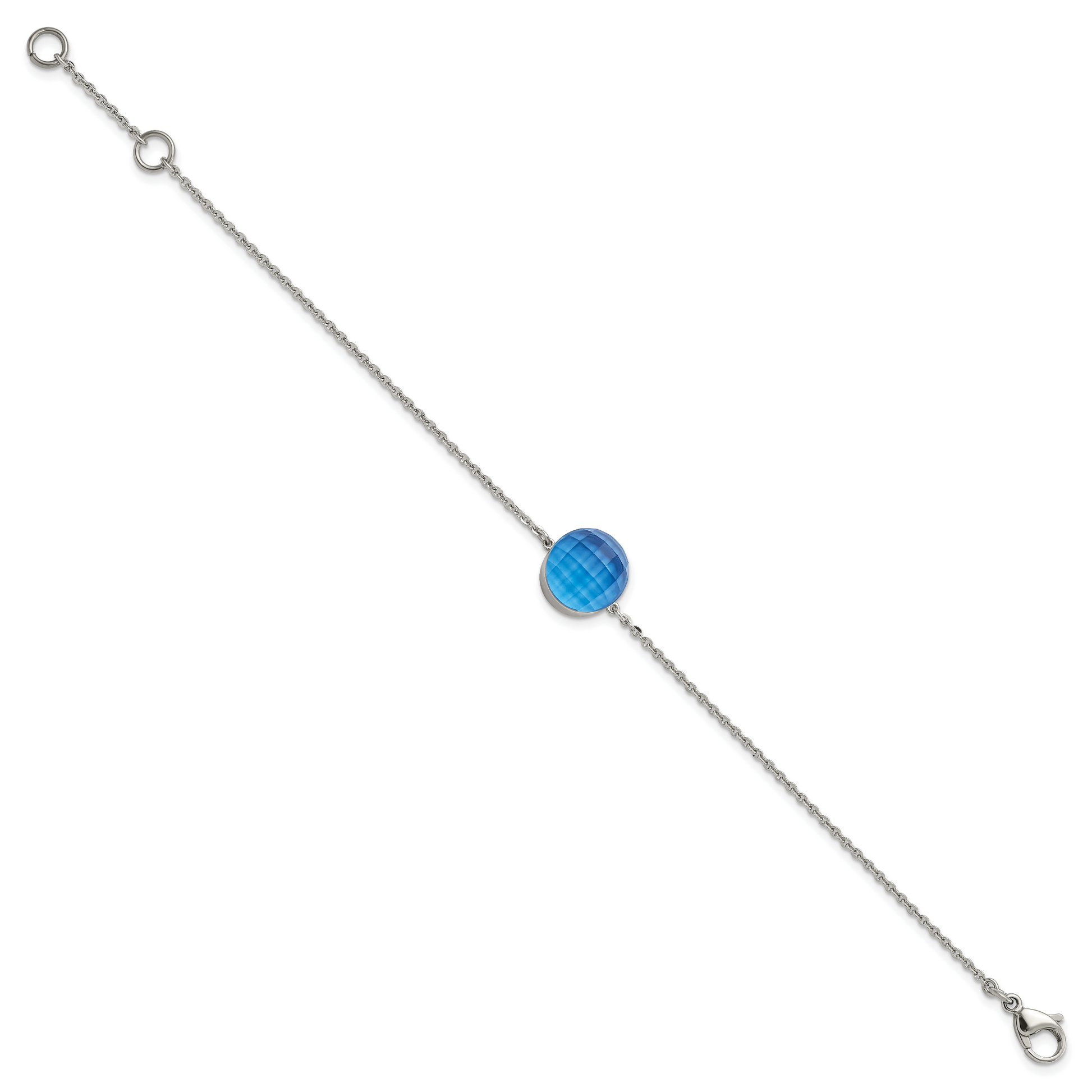 8 Inch Stainless Steel Polished Blue Glass W/1In Ext Bracelet