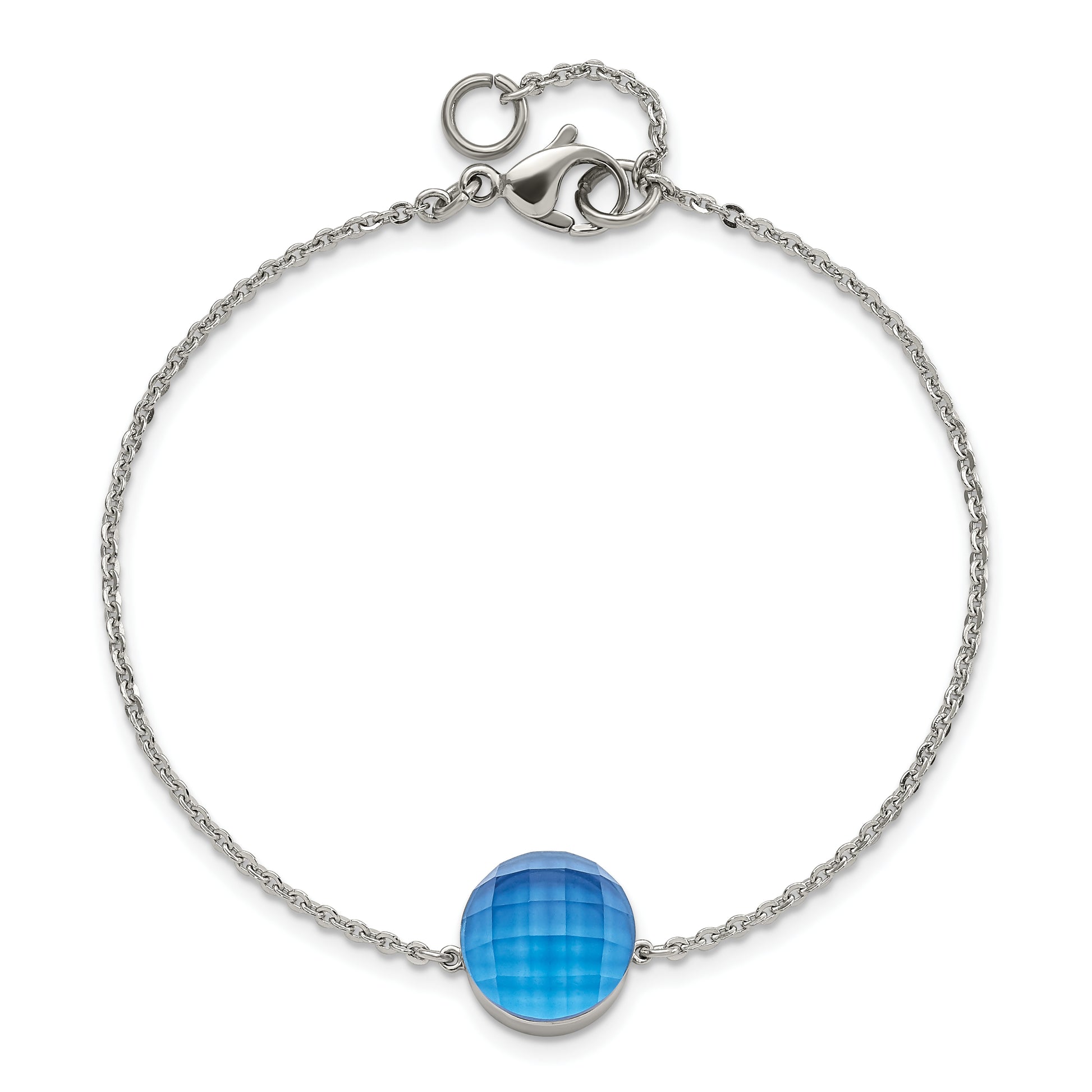 8 Inch Stainless Steel Polished Blue Glass W/1In Ext Bracelet