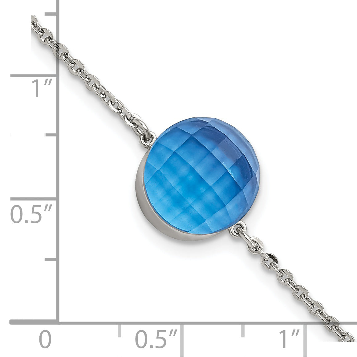 8 Inch Stainless Steel Polished Blue Glass W/1In Ext Bracelet