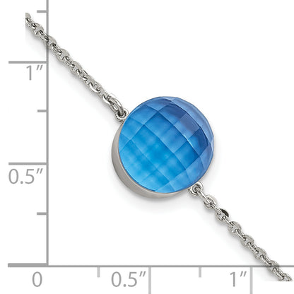 8 Inch Stainless Steel Polished Blue Glass W/1In Ext Bracelet