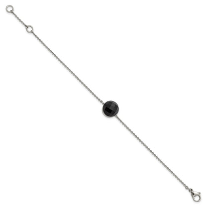 8 Inch Stainless Steel Polished Dark Brown Glass W/1In Ext Bracelet